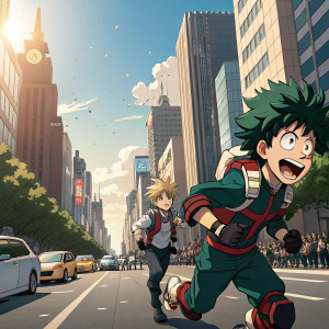My Hero Academia scene. Characters in dynamic poses during a sunny day in a bustling city. Buildings, cars, and crowds in the background. Illustration style: vibrant colors and detailed facial expressions.
