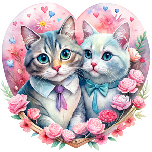 valentine,pink,liberty hold heart,white background,couple cat,no cloth