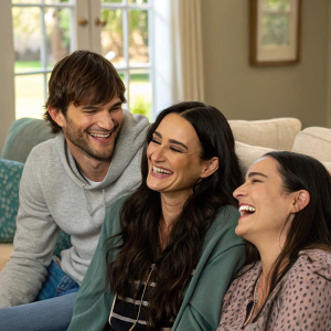 Ashton Kutcher, Demi Moore, and Rumer Willis in a casual family setting, laughing together.