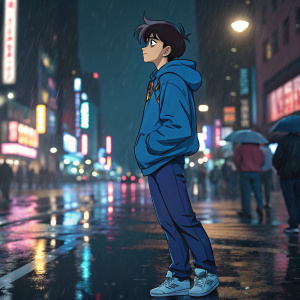 A vibrant digital illustration of Shinichi Kudo from the Detective Conan series. Dressed in a blue hoodie and jeans. Standing amidst a bustling, rainy night cityscape