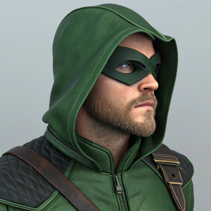 Digital 3D model of Stephen Amell as Green Arrow. Rendered in vivid detail, he sports a beard, green hood, and mask. Gray backdrop
