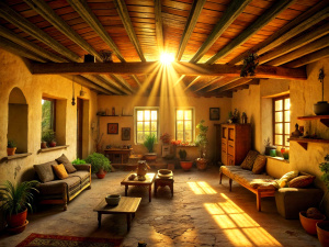 interior view of an authentic but peaceful house, poverty, happiness, sunshine