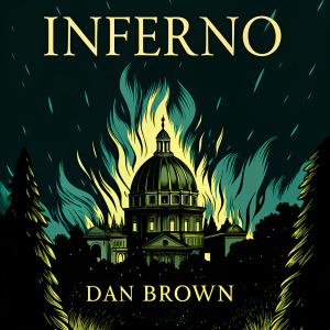 Cover art for Dan Brown's 'Inferno'. Fiery cathedral silhouette. Dark blue and orange hues. Book title and author name at top and bottom respectively.