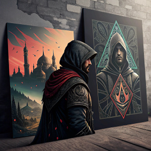 Assassin's Creed promotional materials. Vibrant, game-themed artwork with intricate design elements. Dark gray and black tones. Rough, textured surface.