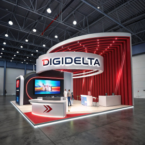 Digital exhibition booth for Digidelta. Modern, sleek design with curved display showing brand names in bold design. Featured at tech expo with vibrant colors including red.