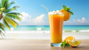 Refreshing tropical fruit juice drink at summer beach isolated on white background