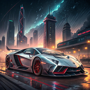 Digital rendering of the Lamborghini Veneno. Futuristic design, silver with red highlights, set against an abstract cityscape at night.