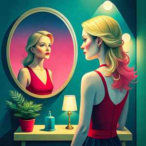 a women admires herself in the mirror