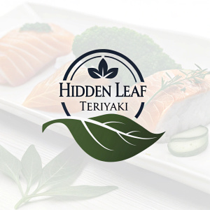 The Hidden Leaf Teriyaki logo, a green leaf-shaped icon with the text 'Hidden Leaf Teriyaki' in elegant, dark font. Clean, minimalist white background.