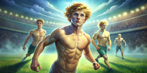 Ancient Greece. Stadium in Athens. Realistic cute shirtless slender young guys with blond wavy hair wearing short perizoma, at full height, are competing in running  on a field of short green grass in Olympic Games on a sunny afternoon.