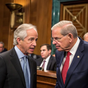 Bob Corker and Robert Menendez engaged in a heated discussion. The room is filled with political figures, and the background features rich wood paneling.