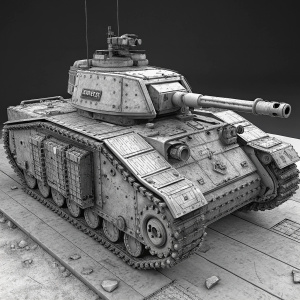3D rendering of a Leman Russ Tank from Warhammer 40,000. The tank is depicted in black and white, showcasing intricate details and robust structure. Rendered within a user-friendly digital environment equipped with software tools for editing and creating 3D models.