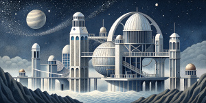 White illustration,  surrealism style, structural aesthetics, surreal collage of many complex sophistic  metallic architecture and briges, huge ocean and galaxy sky, white, grainy paper
