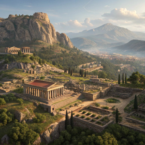 High-resolution 3D render of the ancient city of Cyrene. Roman and Greek architectural influences. Nestled within a mountainous landscape. Detailed focus on stone structures and geographical features.