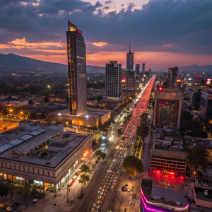 Aerial view of a bustling metropolis at night. Queretaro, Mexico. Neon lights illuminate the streets and skyscrapers.