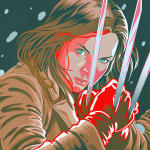 Illustration of X-23 from the Wolverine comics. Brown hair, green eyes, brown outfit, combat stance. Dark, blurry background.