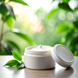 soft diffused light, close-up, a WHITE OPEN JAR with face cream stands next to a bowl containing white dry clay on a light surface. against a background of green leaves, spa salon




