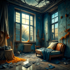 A dilapidated room with broken windows where abandoned homeless people live. 2 beds on the floor, a blanket with flowers on one of them. Everywhere is messy and dirty. The dark blue wall plaster is spilled, the brown wallpaper is peeling off on the wall on the right. A large old fan hangs from the ceiling. An old tattered orange armchair in the middle of the room. An old green suitcase and shoes next to the window. and a broken, burning floor lamp. Water is dripping from the ceiling and a bucket