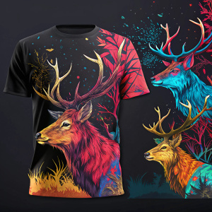 Digital artwork showcasing the Yggdrasil collection by Entropy Clothing. Bold, abstract stag designs with vibrant colors. Dark background, dynamic visual effects, layered shapes.