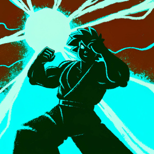 Hand-drawn illustration of a muscular anime character with a mix of Caucasian features. Dynamic pose with flexed muscles. Focused expression. Vibrant fiery red-orange background.
