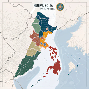 Interactive map of Nueva Ecija province, Philippines as of March 17, 2020. Cities and municipalities labeled. Diverse color coding highlights administrative divisions.