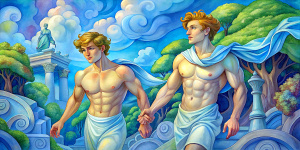 Ancient Greece. Panathenaic Stadium. A couple of realistic cute shirtless tall thin male athletes with short hair wearing white perizoma, barechested, barefoot, at full height, are running very fast, holding hands. Clear blue sky.