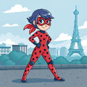 Pixel art of Miraculous Ladybug character. Bright, colorful design.