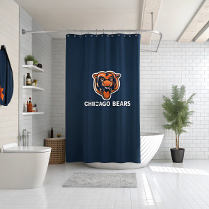 A home interior shot, modern bathroom, navy blue shower curtain with Chicago Bears logo