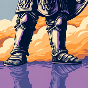 Digital art of a dwarf warrior's legs from a fantasy game. Wearing detailed dark armor, standing on reflective surface. Soft, cloud-like background