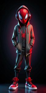 La imagen muestra a un personaje de Spider-Man con una sudadera con capucha negra y zapatillas rojas. También lleva auriculares rojos y negros y tiene un símbolo de araña blanca en el pecho. El fondo es negro.