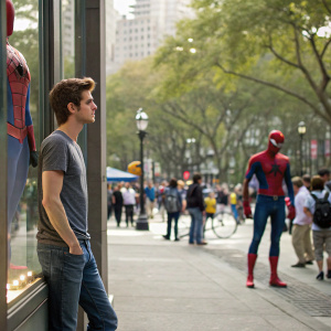 Andrew Garfield, dressed in casual jeans and a t-shirt, stands in a bustling city park. Spider-Man suits displayed in a shop window nearby.