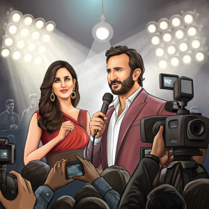 Saif Ali Khan and Katrina Kaif at a bustling press conference. Microphone in Saif's hand. Bright spotlights and rows of cameras