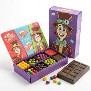 High-definition illustration of Wonka's product lineup. Colorful packaging with iconic characters from the animated world. Different sized and shaped candies showcased both individually and in a large, whimsical box. Perfect for children's marketing