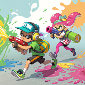 Digital art for Splatoon 2. Characters in dynamic poses, colorful and vibrant palette.