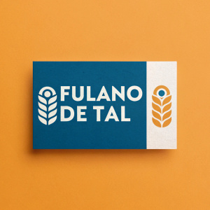 Business card design for Fulano de Tal. Clean, modern layout. Dominant colors are blue and white. Sans-serif font for text. Contact details and logo clearly displayed on solid orange background.