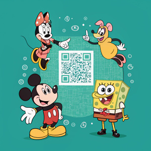 Teal background with Mickey Mouse and SpongeBob SquarePants arranged around a QR code, playful scene.