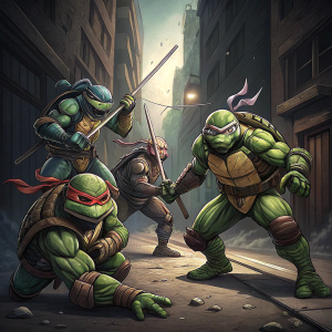 Four Teenage Mutant Ninja Turtles in fierce battle stances. Each turtle has a unique pose highlighting combat readiness. The background is a dimly lit, gritty city alley. Bold outlines and high contrast between the vibrant green turtles and the dark, textured surroundings.