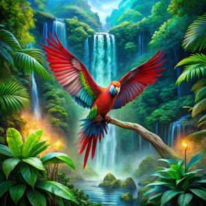 uma Arara Vermelha pousando em uma árvore, asa aberta, destacando suas vibrantes penas vermelhas, asas azuis e detalhes em verde ao redor dos olhos, floresta tropical exuberante, cachoeira.
