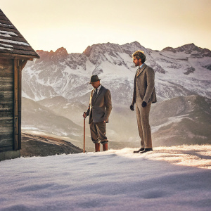 Roger Schäli and Simon Gietl, starring in 'North 6'. Shot in the Swiss Alps. Majestic mountains and snow-capped peaks
