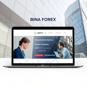 Bina Forex website, sleek design, featuring About Us, investment options, expert analysis, live performance metrics, customer testimonials. Modern, user-friendly interface.