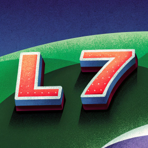 A close-up shot of the L7 band logo. The vibrant red letters stand out against a plain black background.