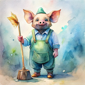 janitorial pig with a toilet brush in his paws