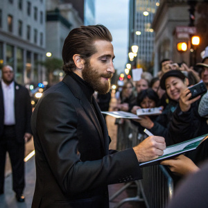 Jake Gyllenhaal, with a beard and styled dark hair, in a sleek black suit, signing autographs. Crowded street scene with excited fans.