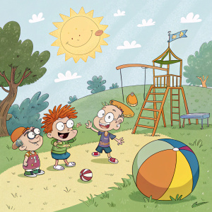 Main Rugrats characters, Tommy Pickles, Chuckie Finster, Phil and Lil DeVille, and Dil Pickles, in a whimsical outdoor playground. A large, colorful bouncy ball nearby. Sunny skies and lush greenery create a joyful, vibrant backdrop.