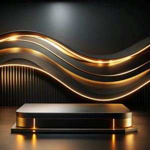 Gold black podium background 3D golden product line stage dark platform wave display. Design podium black luxury gold light scene pedestal presentation showcase event beauty shine object cosmetic saled