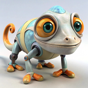 Haz un robot camaleónico debe estar cuerpo entero, tener 4 patas y una cola, la expresión de su rostro debe ser feliz, sus colores deben ser blancos con ojos naranja  y el fondo debe ser blanco