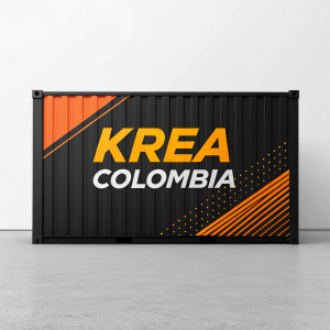 Dynamic graphic design for KREA brand. Incorporating the word 'Colombia', striking black and orange color scheme, sleek and minimalist elements