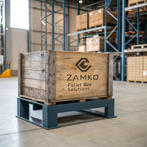 A rustic wooden crate with the Zamko Pallet Box Solutions logo. It sits on a sleek modern stand in an industrial warehouse.