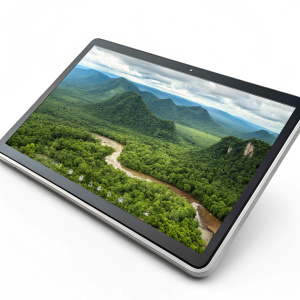 Interactive 3D model showcasing the Amazon rainforest. Detailed textures, vibrant green hues. Mountains and valleys, with intricate contours. Displayed on a futuristic touch screen.