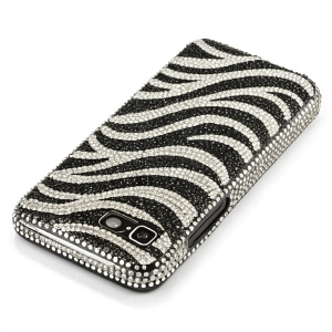 A sleek and glamorous Motorola Atrix 4G phone case. Black and white zebra pattern. Sparkling rhinestones. Protective design, fashionable accessory.